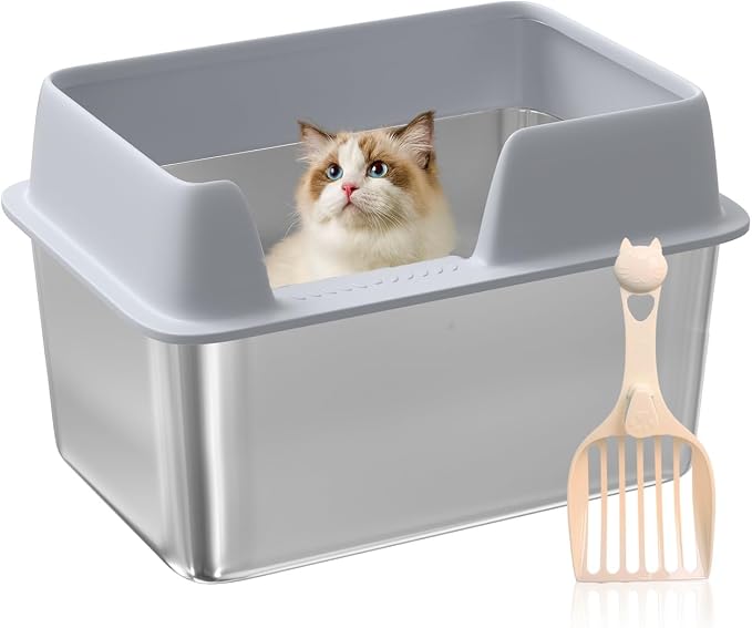 Stainless Steel Cat Litter Box with Lid, High Side Litter Box Enclosure, Enclosed Litter Box for Big and Small Cats (One Size)