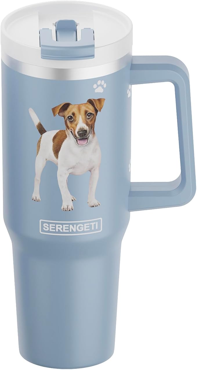 SERENGETI 40 Oz Ultimate Tumbler with Handle and Straw - Vacuum Insulated Tumbler with Straw and Lid - Stainless Steel Travel Mug for Pet Lovers - 3D Designs of your favorite Dog (Jack Russel)