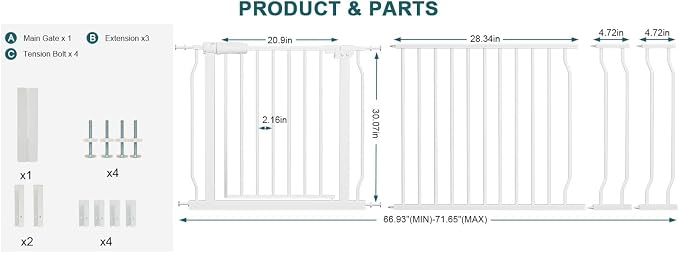 Baby Gates Extra Wide 66.93-71.65 Inch Large Long Baby Gates for Stairs Tension Pet Dog Gates Indoor for Doorways,No Drilling Pressure Mounted Pet Gates for Kids