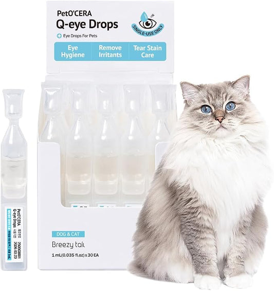 Breezytail PetO’Cera Q-Eye, Lubricating Eye Drops, Daily Moisture for Dry Eyes, Gently Flushes Irritants & Tear Stains, Vet-Approved for Dogs & Cats, 1ml*30ea