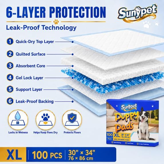 Puppy Pads Disposable Dog Potty Training Pads, Quick Dry, Ultra Absorbent, XL 30"x34", 100ct