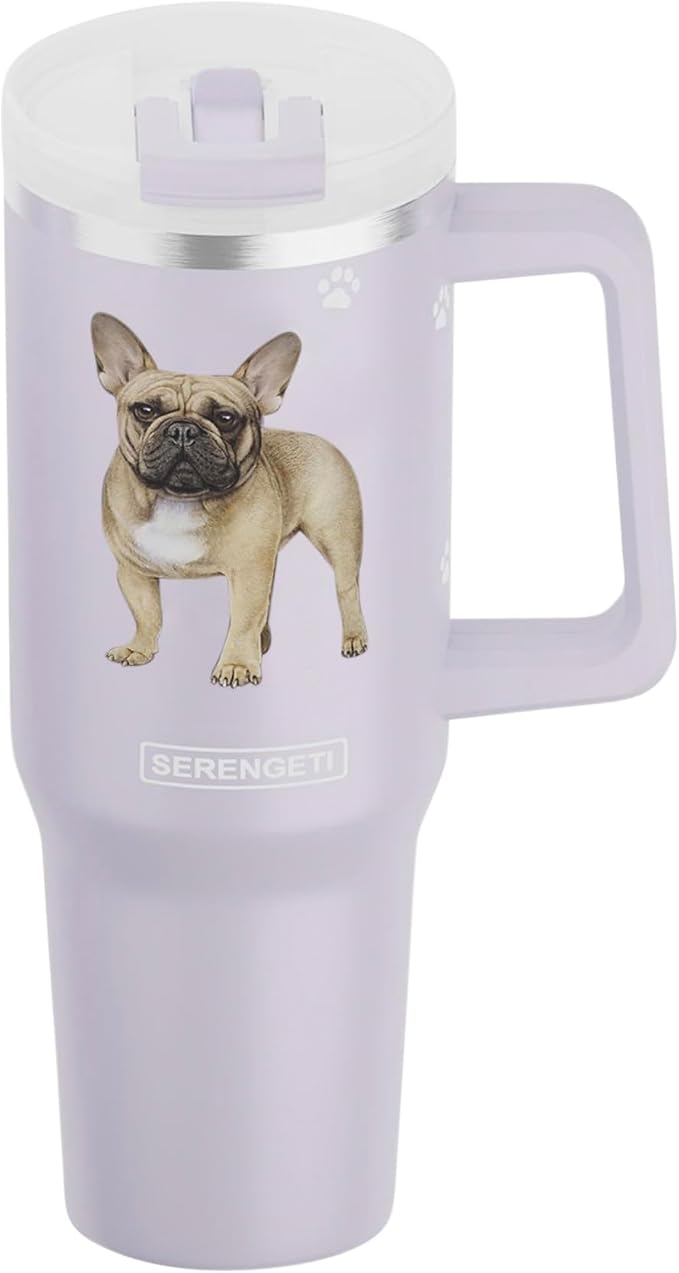 SERENGETI 40 Oz Ultimate Tumbler with Handle and Straw - Vacuum Insulated Tumbler with Straw and Lid - Stainless Steel Travel Mug for Pet Lovers - 3D Designs of your favorite Dog (French Bulldog)