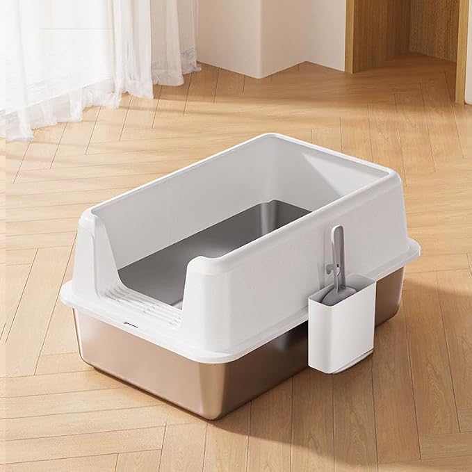Stainless Steel Cat Litter Box, XL Enclosed Metal Litter Box with Lid & Side Litters Filter, Anti-Leak Non-Stick Design, Includes Scoop for Large Cats 8'' Deep White