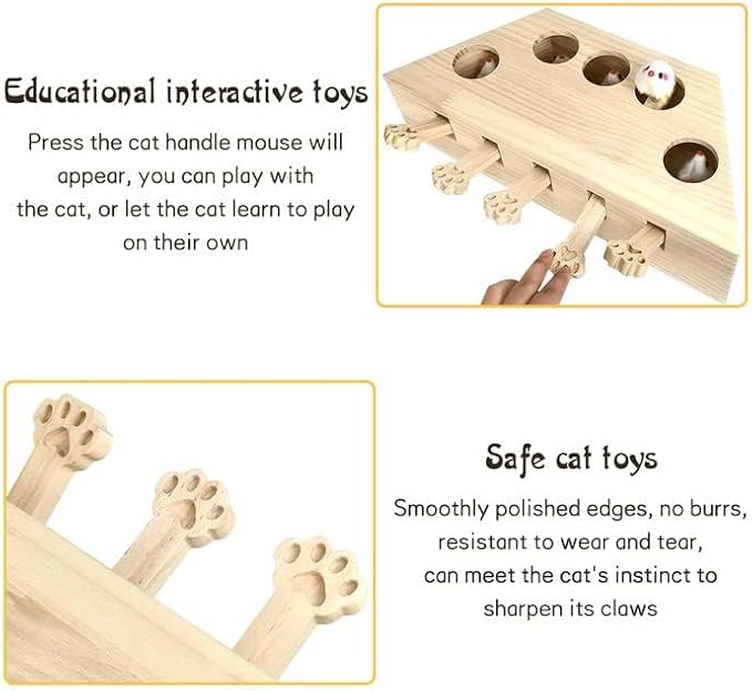 kathson Whack A Mole Cat Toy, Interactive Cat Toy Wood Kitten Puzzle Enrichment Box Catch Mice Game for Indoor Cat Exercise Relieve Boredom
