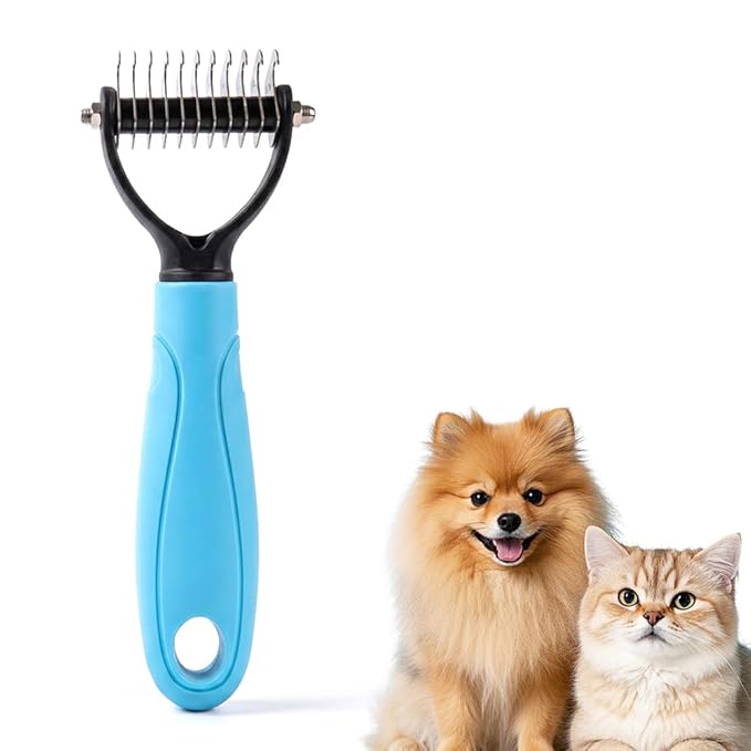Dematting Comb for Dogs and Cats, Detangler Comb for Long Haired Dogs Cats, Double-Sided Tooth Dematting Comb Undercoat Rake Pet Grooming Brush for Shedding (Small Blue)