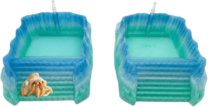 Hermit Crab Pools with Built-in Bubblers – Set of 2 (Fresh & Salt Water) – Upgraded Heat-Resistant PETG 3D Printed Water Bowls with Safe Exit Ramps (Glazed Blue/Green)