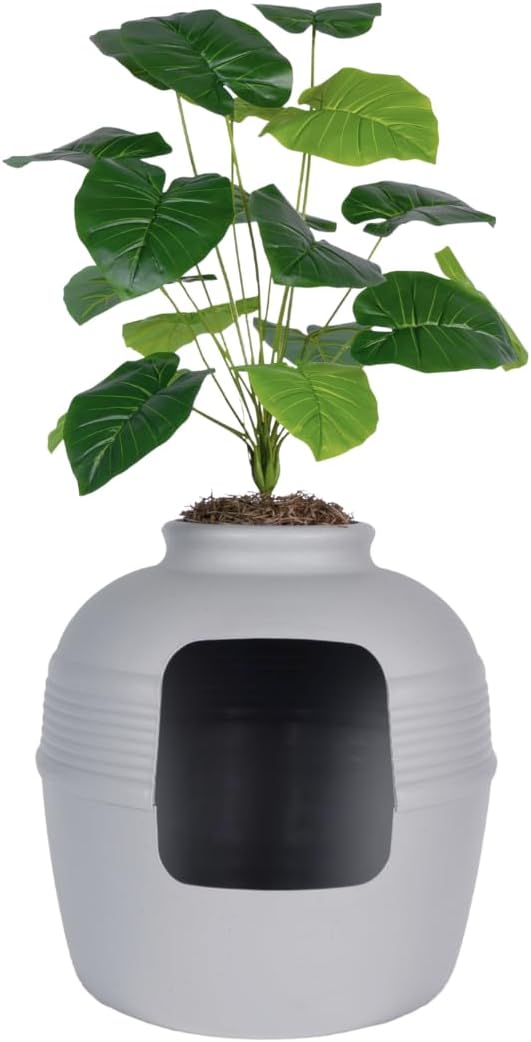 Good Pet Stuff Original Hidden Litter Box Planter, Decorative Cat Litter Enclosure, Carbon Filter, Faux Plant, Round Design, Easy to Clean, Base Kit, Broad Leaf Philodendron, Pebble Gray