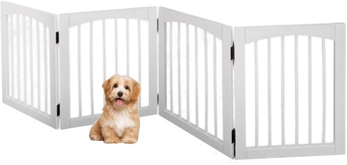 Tabago 4-Panel Foldable Freestanding Wooden Pet Gate 24"x20" – Expands up to 60", White & Natural Dog Gate for Small Pets, Stylish Indoor Barrier for Doorways & Hallways (White, 24" H x 80" W)