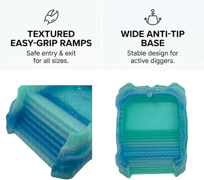 Hermit Crab Pools with Built-in Bubblers – Set of 2 (Fresh & Salt Water) – Upgraded Heat-Resistant PETG 3D Printed Water Bowls with Safe Exit Ramps (Glazed Blue/Green)