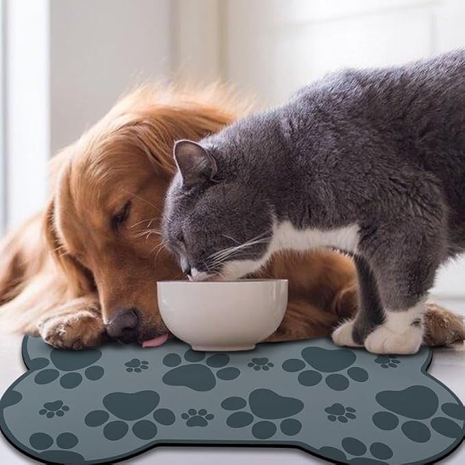 Dog Food Mats for Floors Waterproof, Pet Feeding Absorbent Water Bowl Mat Cat Placemats Gray Bone Shape 19 * 12 inch
