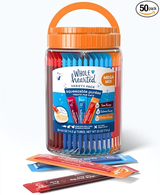 WholeHearted by Petco Squeezable Puree Cat Treat Variety Pack 0.5 oz. Count of 50