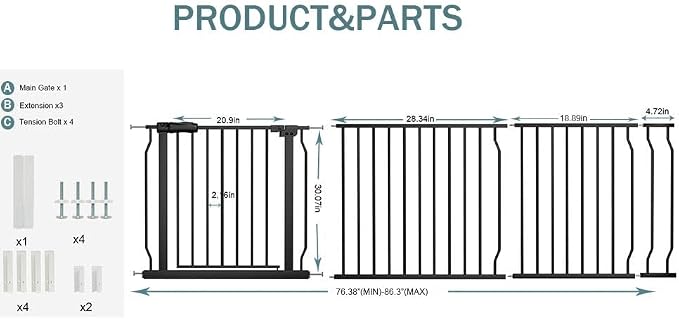 Extra Wide Baby Gate 81.1-86.3 Inch, Pressure Mounted Pet Gates No Drilling for Stairs & Doorways, Metal White Indoor Safety Gate for Kids and Dogs