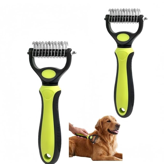 2pc Double-Sided Dog Brush for Shedding Control & Detangling - Pain-Free Deshedding Tool with Rounded Teeth (Large, Green)
