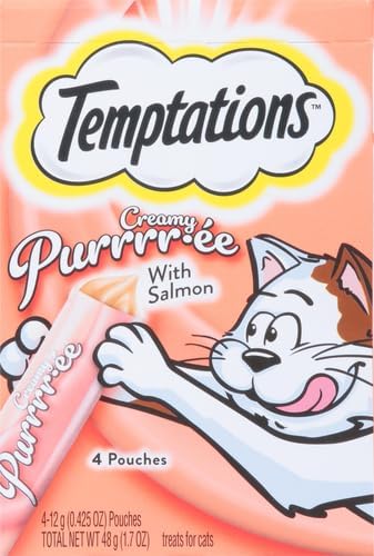 Temptations Creamy Puree Squeezable Lickable Cat Treats, Wet Cat Treats with Salmon, 0.42 oz. Tubes, 4 Count, Pack of 11 (44 Total)