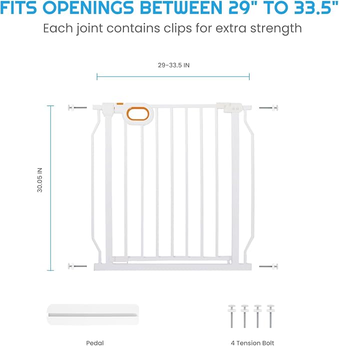 owlie Baby Gate for Stairs 29-33 Inch Wide, Safety House Gate for Baby Pet Gate with Door Pressure Mounting Gates for Kids Toddler Dogs Indoor Stairway Doorway White (30.5'' Tall)