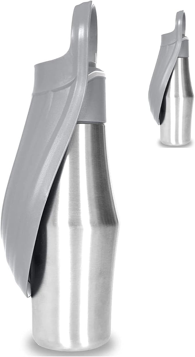 Portable Dog Water Bottle with Dispenser, 750ml Stainless Steel Travel Cup and Collapsible Water Bowl for Dogs, Ideal for Outdoor Activities, Walking,Hiking, Road Trips (Grey)