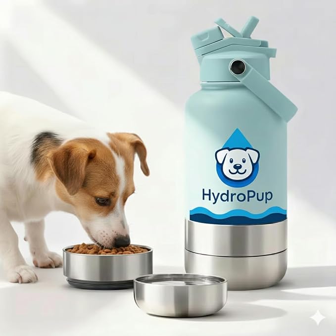 Dog Water Bottle for Walking and Hiking, 32 oz with Bowl Stays Cold