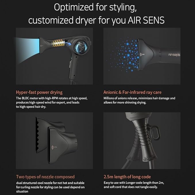 JMW Korean Professional Salon Hair Dryer AIR Sense I 15 Winds-3 Heat X 5 Speed Mix, 2 Nozzles & Dryer Stand, Upgrade BLDC Motor, 100% Cool Shot, Smart Memory, Fast Drying, Quiet and Long-Lasting