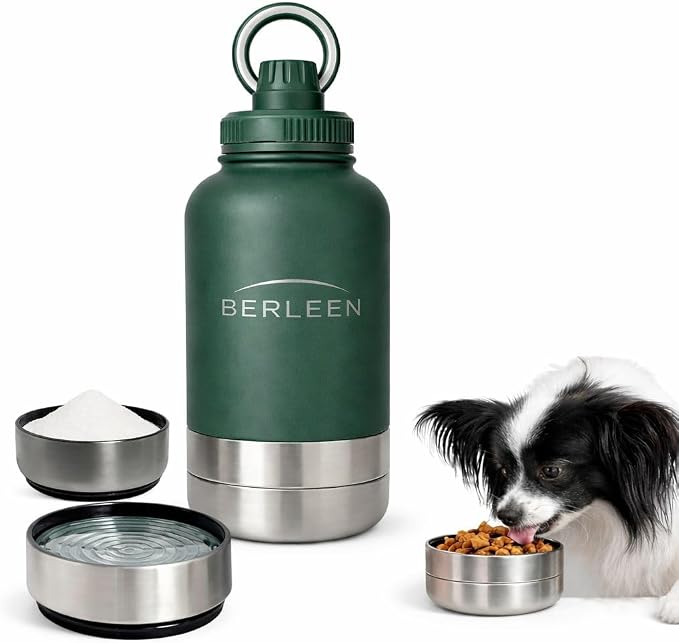 BERLEEN 3-in-1 32 oz Insulated Dog Water Bottle with Magnetic Lid, Bottle with Detachable Stainless Steel Bowls – Portable Travel Water & Food Container for Dogs, Leakproof, Ideal for Walking (Green)