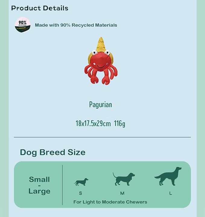 Dog Toy, Squeaky Plush Dog Toy, Rough & Tough Interactive Pet Toy, Recycled Fabric and Double Stitched (Pagurian)
