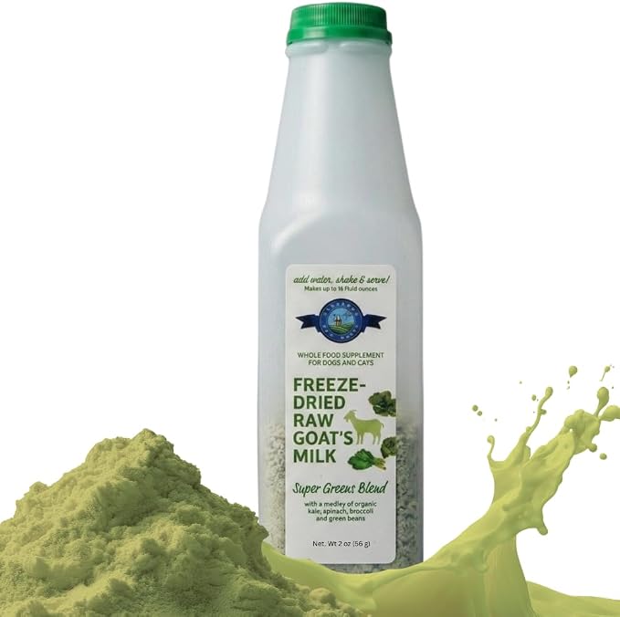 Shepherd Boy Farms Freeze Dried Raw Goats Milk with Probiotics for Dogs & Cats (Super Greens), Organic USA Veggies & Fruits, High Protein, Digestible Goat Milk Powder, Food Toppers - Makes 32 FL OZ