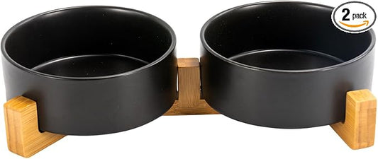 SPUNKYJUNKY Ceramic Dog and Cat Bowl Set with Wooden Stand, Modern Cute Weighted Food Water Bowl Set for Medium to Large Size Dogs (42 OZ, 2 × Black)