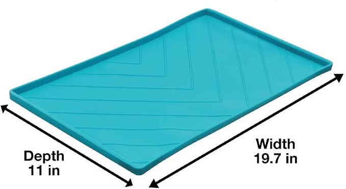 Messy Mutts Silicone Non-Slip Dog Bowl Mat with Raised Edge and Two Sides Reinforced with Metal Rods | Dog/Cat Bowl Mat with Spill-Proof Lip | Medium, 20” x 12” | Blue