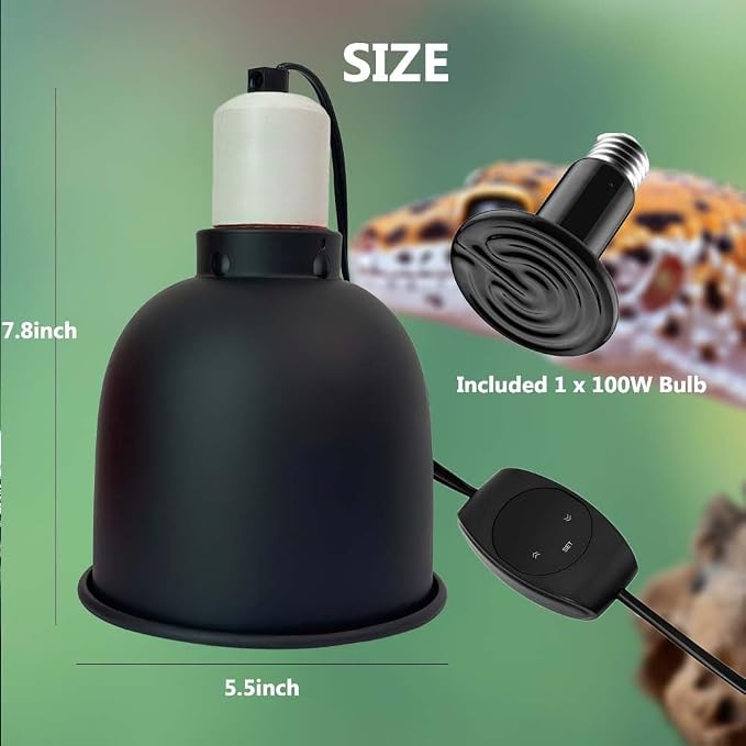 Reptile Light with Thermostatic Timer, 5.5'' Reptile Heat Lamp Fixture Switch Control Function with Heat Lamp Bulbs for Reptile Glass Terrariums 300W