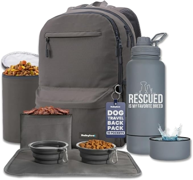 Rubyloo The Original Doggy Bag Backpack (Dark Grey) & 32oz Insulated Water Bottle with Attached 8oz Bowl (Rescued is My Favorite Breed) – Dog Travel Backpack & Hydration Set