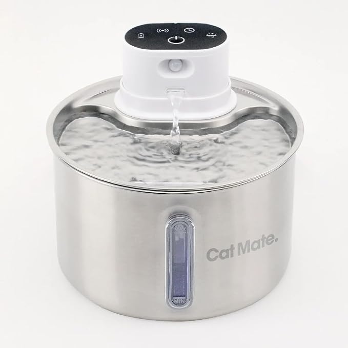 Cat Mate 2 Litre Stainless Steel Cat Water Fountain – Automatic Pet Water Dispenser for Cats, Filtered Drinking Fountain, Battery Operated
