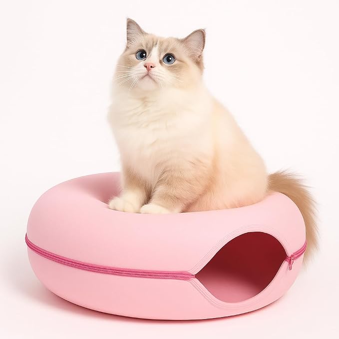 Pink Cat Tunnel & Donut Bed Cave for Indoor Cats – Large Felt Cat Toys Interactive Hideaway, No-Collapse, Scratch-Resistant, Washable Cat House, Cat Enrichment for Bored Indoor Cats & Kittens Gift Toy