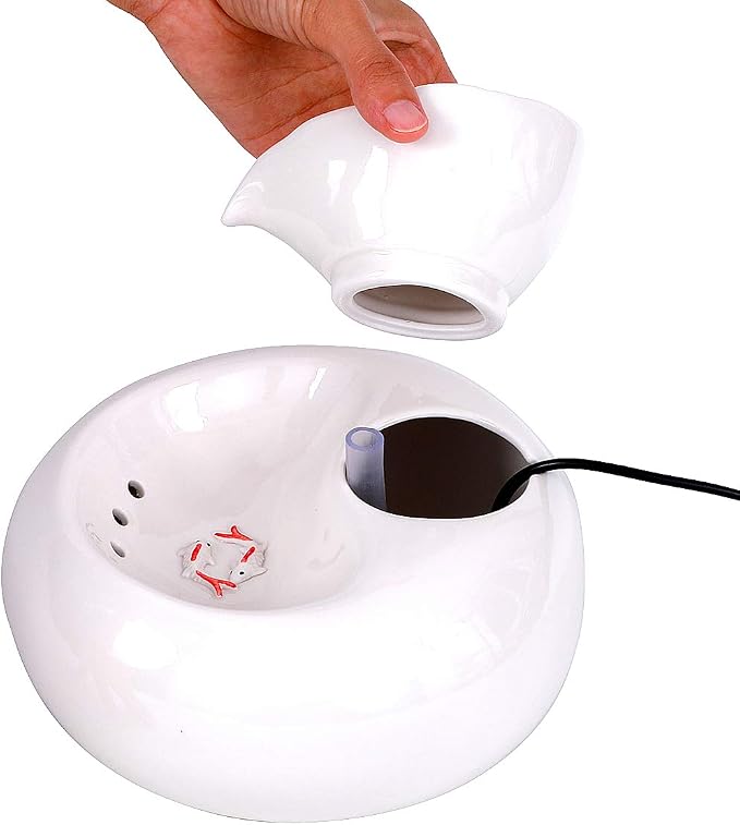 Ceramic Cat Drinking Water Fountain, 1.3 Liters Pet Water Fountains for Cats and Dogs, Electric Pet Water Dispenser with Quiet Pump and 5 Replacement Filters - White Leaf Style