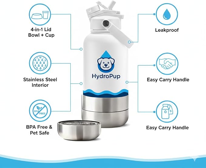 Dog Water Bottle for Walking and Hiking, 32 oz with Bowl Stays Cold