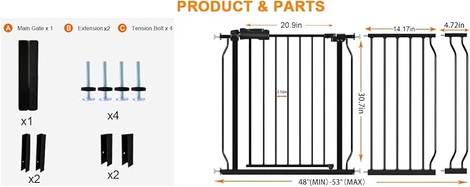 HOOEN 30" Tall Extra Wide Baby Gates for Doorways Stairs 48 to 53 Inch Long Large Pressure Mounted Dog Gates for The House Walk Through Gates Indoor Safety Child Gates for Kids or Pets