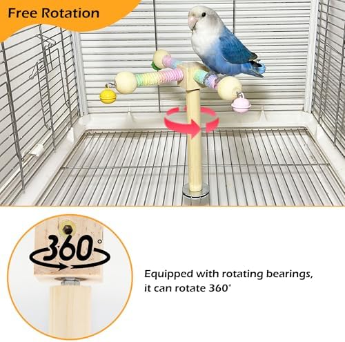 2PCS Natural Wood Bird Spinner Toys & Spinning Perch Set (Size S) - Chewing Hanging Toys with Bells for Cockatiel, Conure, Lovebird, Budgie, Quaker