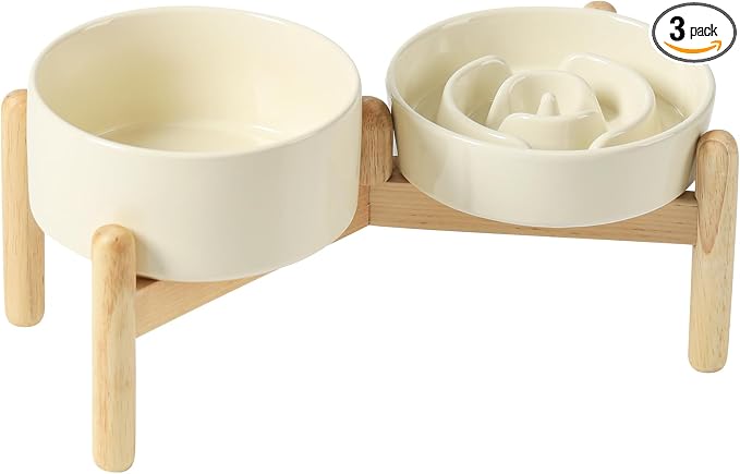 Havniva 6.1” Raised Slow Feeder Dog Bowls Set, 0.9 Cups Ceramic Slow Feeder Dog Bowl and 6.1” Dog Water Bowl with Elevated Wooden Stand Puzzle Dog Food Bowl for Small Dogs Anti-Gulping & Anti-Choking