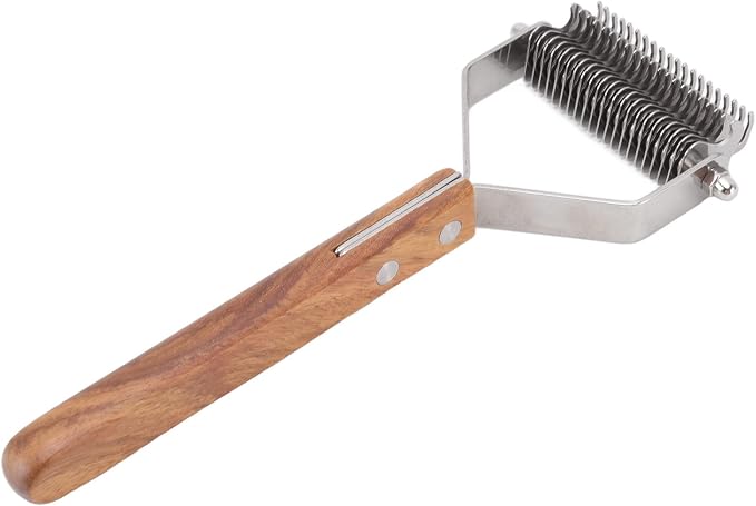 Pet Undercoat Rake for Dogs and Cats, Double Row Wood Handle Brush, Removes Loose Hair and Knots, Safe and Gentle Grooming Tool, Promotes Skin and Shiny Coat