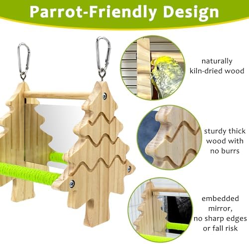 2PCS Natural Wood Bird Spinner Toys & Mirror Perch Set - Chewing Hanging Toys with 2-Sided Mirrors for Cockatiel, Conure, Lovebird, Budgie, Quaker