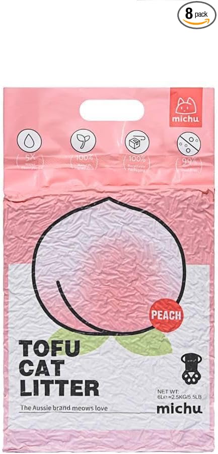 Michu Tofu Cat Litter Natural Clumping Tofu Cat Litter, Fast Clumping and Easily Scoop-able 5.5lb/88oz 5 Scents - Peach, 8 Pack