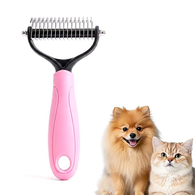 Pet Pro Grooming Tool, Dematting Comb for Dogs and Cats, Undercoat Rake Pet Brush for Long Hair, Deshedding Dog Brush Removes Tangles Knots and Loose Fur (Pink-L)