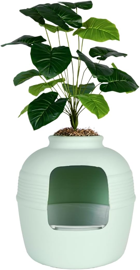 Good Pet Stuff Original Hidden Litter Box Planter, Decorative Cat Litter Enclosure, Carbon Filter, Faux Plant, Round Design, Easy Clean Litter Tray, Essentials Kit, Broad Leaf Plant, Mint Green