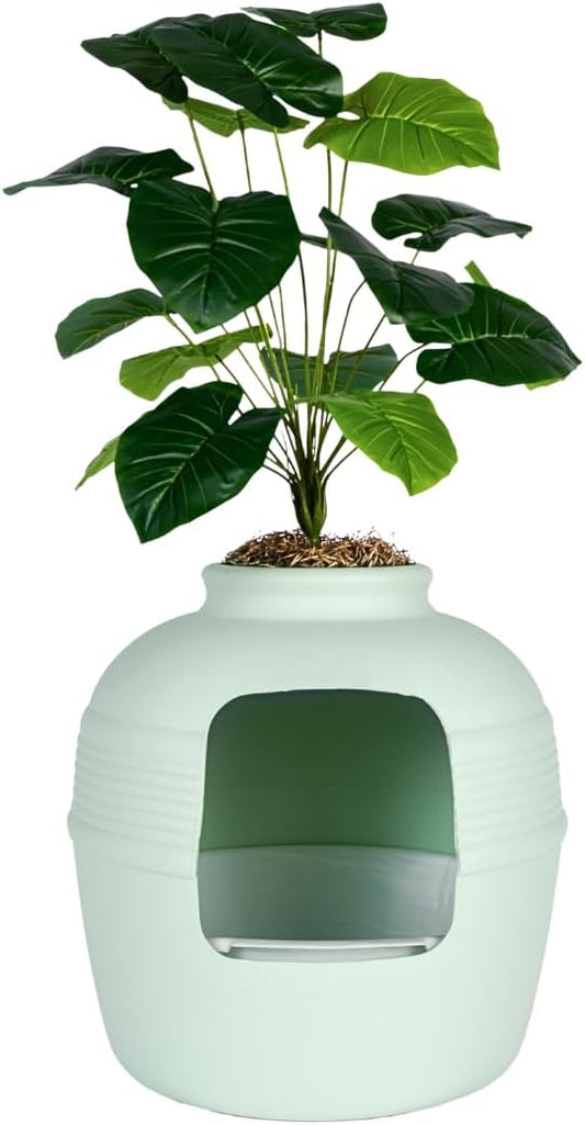 Good Pet Stuff Original Hidden Litter Box Planter, Decorative Cat Litter Enclosure, Carbon Filter, Faux Plant, Round Design, Easy Clean Litter Tray, Essentials Kit, Broad Leaf Plant, Mint Green