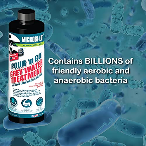 MICROBE-LIFT Pour ‘n Go RV Grey Water Holding Tank Treatment - 3 Month Supply - Dissolves Grease, Oils, Fats, Reduces Odors, 32 Ounces