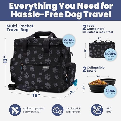 Rubyloo Original Doggy Bag (Paw Print) & 32oz Insulated Water Bottle with Attached 8oz Bowl (Dog Mom) – Dog Travel Bag & Hydration Set