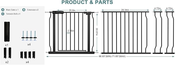 Baby Gates Extra Wide 66.93-71.65 Inch Large Long Baby Gates for Stairs Tension Pet Dog Gates Indoor for Doorways,No Drilling Pressure Mounted Pet Gates for Kids