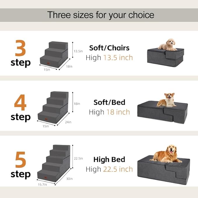 Dog Stairs for Large Dog, 22.5" H, 5-Step Pet Steps for High Bed Couch Sofa and Chair, Non-Slip Pet Ramp for Injured & Senior Pets with Washable Cover and Durable High Density Foam, Grey