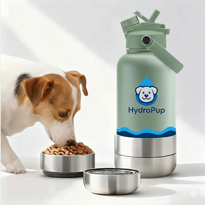 Dog Water Bottle for Walking and Hiking, 32 oz with Bowl Stays Cold