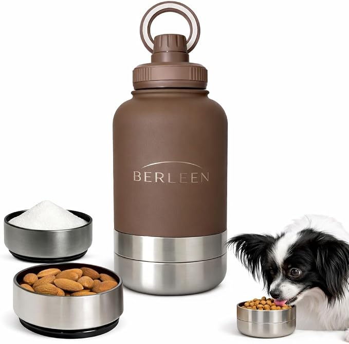 BERLEEN 3-in-1 32 oz Insulated Dog Water Bottle with Magnetic Lid, Bottle with Detachable Stainless Steel Bowls – Portable Travel Water & Food Container for Dogs, Leakproof, Ideal for Walking (Brown)