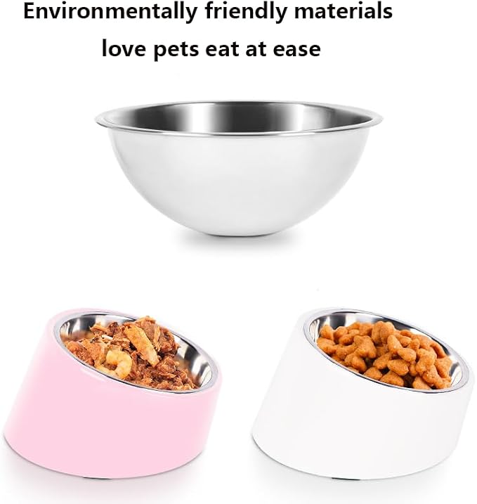15° Tilted Dog Bowl for Small Dogs Flat-Faced Breeds - Anti-Choke Ergonomic Elevated Feeder Non-Slip Base - 2-in-1 Detachable Stainless Steel Food & Water Bowls - Pure White Clean & Simple (M, White)