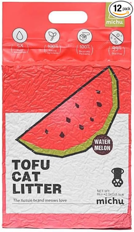 Michu Tofu Cat Litter Natural Clumping Tofu Cat Litter, Fast Clumping and Easily Scoop-able 5.5lb/88oz 5 Scents - Watermelon, 12 Pack